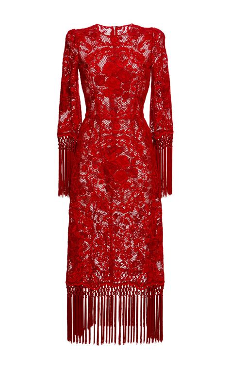 Lyst Dolce And Gabbana Rose Embroidered Netted Dress With Fringe Trim