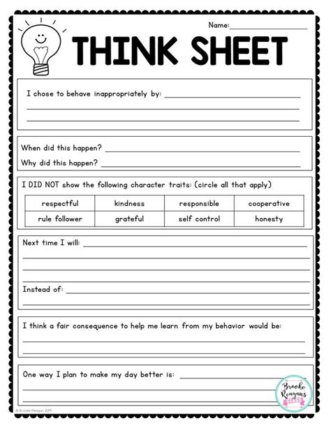 Calm Down Tool Kit Think Sheet Behavior Reflection Classroom