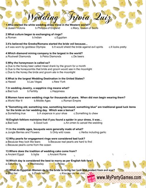 Food and drink trivia questions. Free Printable Wedding Trivia Quiz