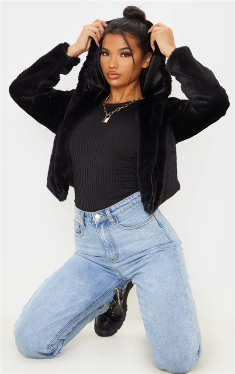 black cropped faux fur jacket with hood prettylittlething