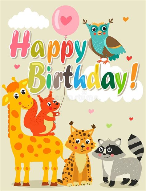 Happy Birthday Card With Funny Animals Vector Illustration Happy