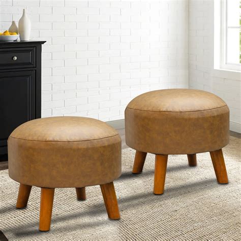 Leather Wood Ottoman Stool For Living Room Sitting Chair Light Brown