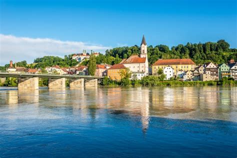 View At The Inn River With Stgertarud Church In Passau Germany Stock