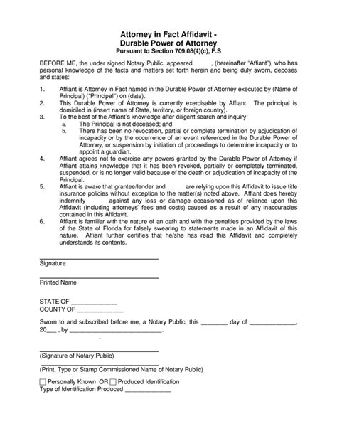 Power Of Attorney Durable Affidavit Florida In Word And Pdf Formats