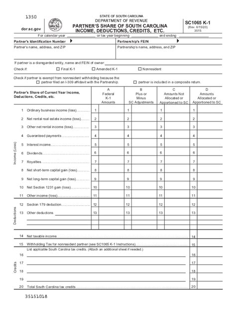 Sc Sc1065 K 1 2020 2022 Fill Out Tax Template Online Us Legal Forms