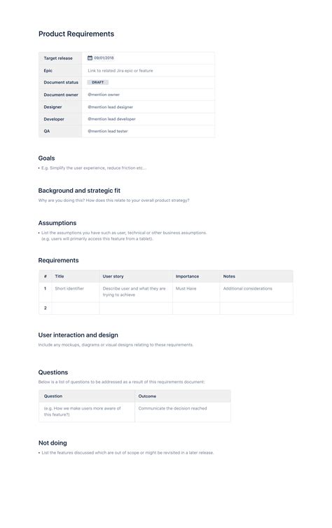 Confluence Product Requirements Template