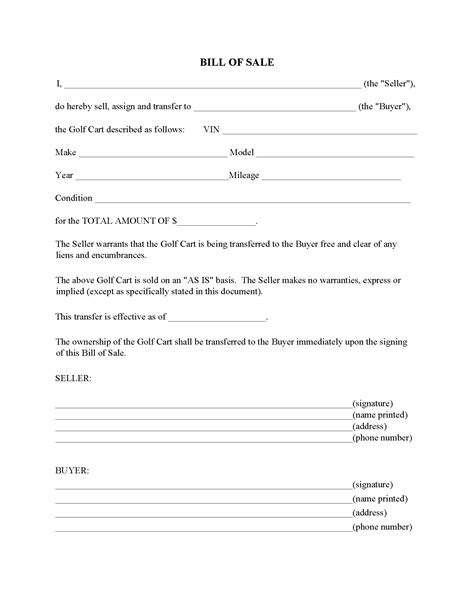 Golf Cart Bill Of Sale Form Fillable Pdf Free Printable Legal Forms