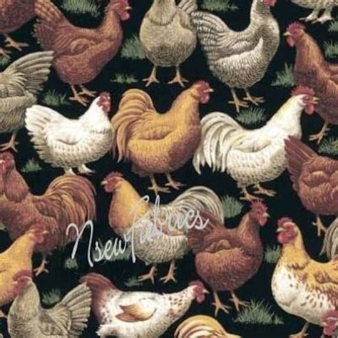 Hens Chicken Rooster Cotton Fabric On Black