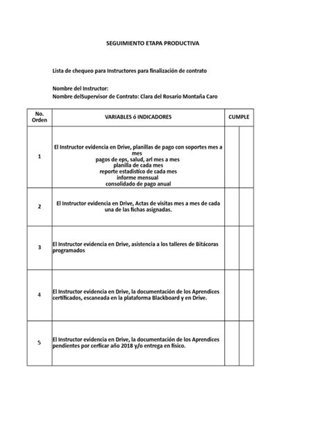 Lista De Chequeo Seguimiento Finalización De Contrato Pdf