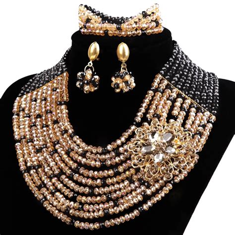 Nigerian Wedding African Beads Jewelry Set Ethnic Style Gold Black