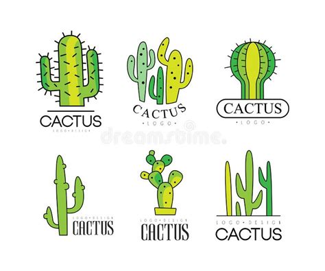 Cactus Logo Design Template With Green Succulent Plant Vector Set Stock