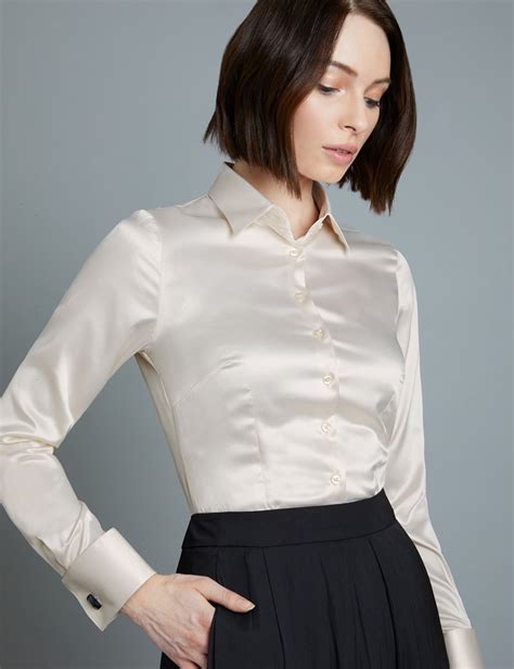 women s cream fitted satin shirt double cuff hawes and curtis