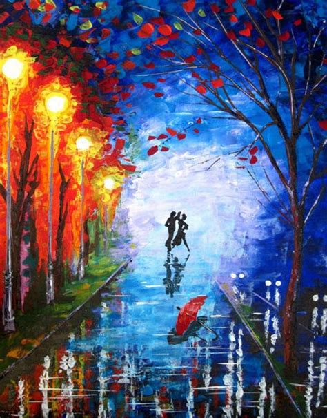 Rain Painting Night Landscape A Couple Dencing With Etsy Original