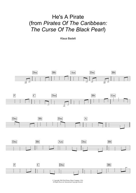 Pirates of the caribbean theme song easy piano letter notes sheet music for beginners, suitable to play on piano, keyboard, flute, guitar, cello, violin, clarinet, trumpet, saxophone, viola and any other similar instruments you need easy letters notes chords for. He's A Pirate (from Pirates Of The Caribbean: The Curse Of The Black Pearl) | Sheet Music Direct