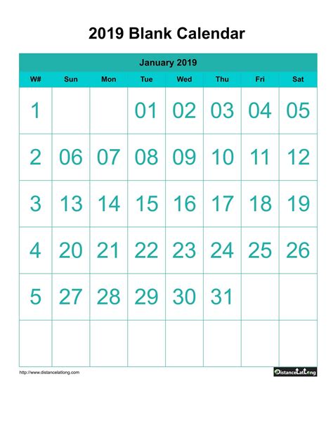 Free Blank Calendar 2019 Portrait Orientation With Large Font Center