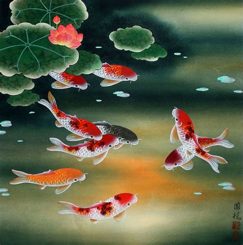 Nine Koi Fish And Lotus Flowers Painting Chinese Art