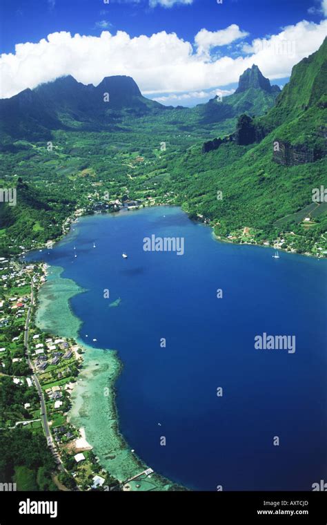Aerial View Of Cooks Bay And Mountains On Island Of Moorea In French