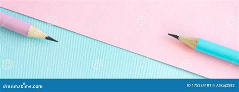 Pastel Colored Pencils On Empty Sheet Blue And Pink Tones Stock Image