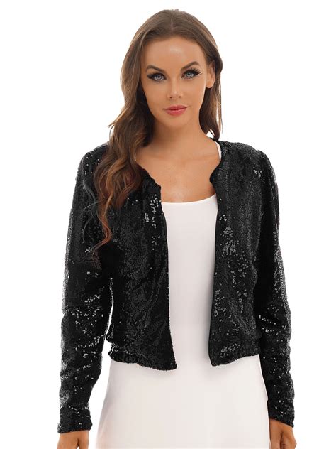 women s sequin jacket long sleeve open front blazer shiny cardigan bolero shrug ebay