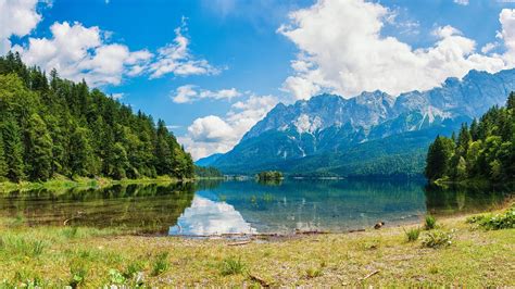 Lake Mountains Sky White Clouds Grass Trees Water Reflection Wallpaper Nature And