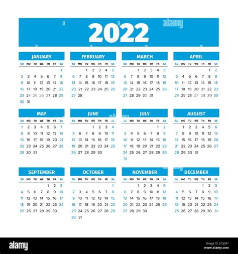 Calendario 2022 Con Las Semanas Comienzan El Domingo Imagen Vector De