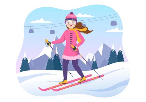 Ski Illustration With Skiers Sliding Near Mountain Going Downhill In