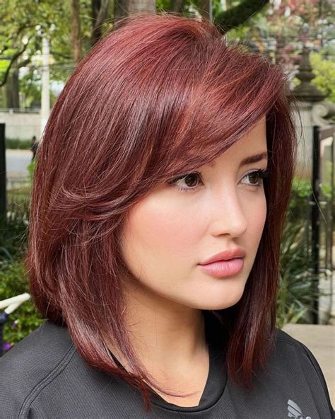 Dark Red Straight Lob With Side Bangs And Layers Long Layered Bob