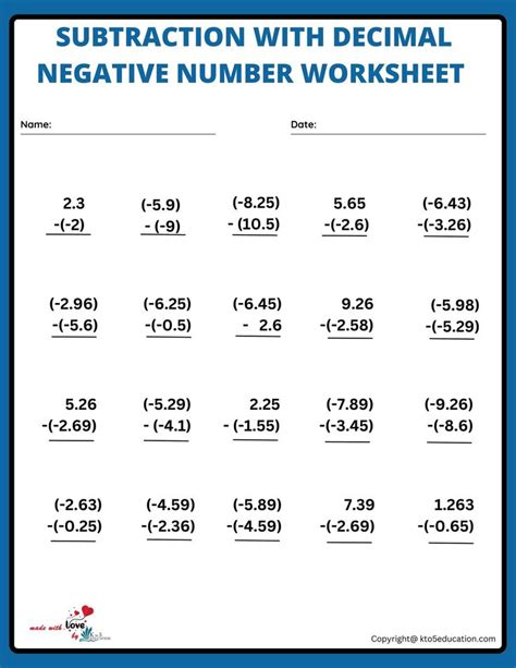The Subtraction Worksheet For Negative Numbers
