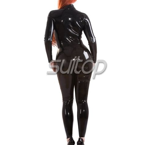 Suitop Latex Glued Black Catsuit For Woman With Front Zip To Hips Back