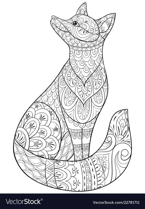Adult Coloring Bookpage A Cute Fox For Relaxing Vector Image