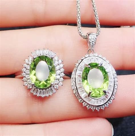 Natural Real Peridot Jewelry Set 925 Sterling Silver 1pc Ring 1pc
