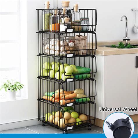 35 Tier Fruit Basket With Wheels Metal Storage Cart Fruit Vegetable