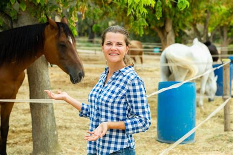 Happy Woman Horses Breeder Near Stable Stock Image Image Of