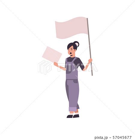 Woman Protester Holding Blank Placard And Flag Pixta