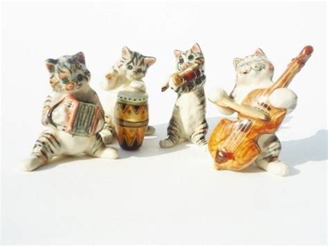 Miniature Cat Band Vintage Figurines 4 Tabby Cats Playing