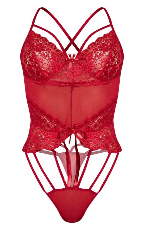 Red Strapping Detail Lace Body Prettylittlething Usa