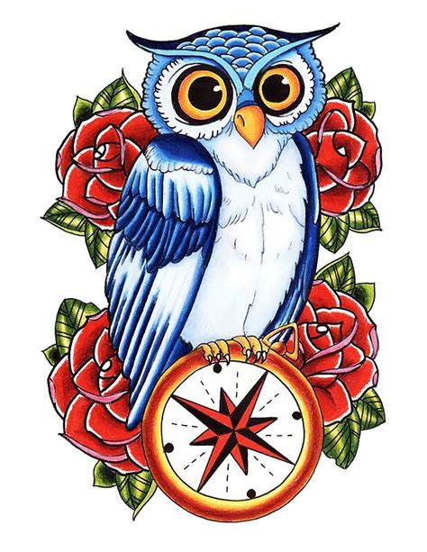 Owl Compass Rose Tattoo Design By Drtattoo Redbubble