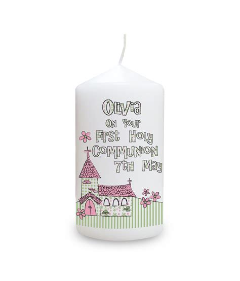 Whimsical Church Pink 1st Holy Communion Personalised Candle