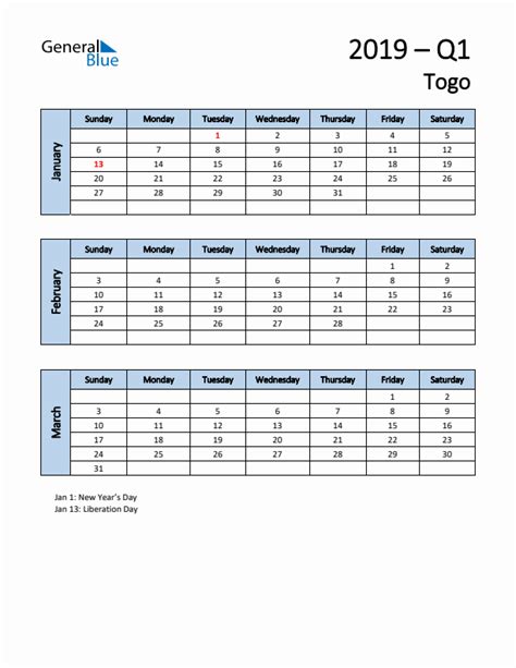 Q1 2019 Quarterly Calendar With Togo Holidays