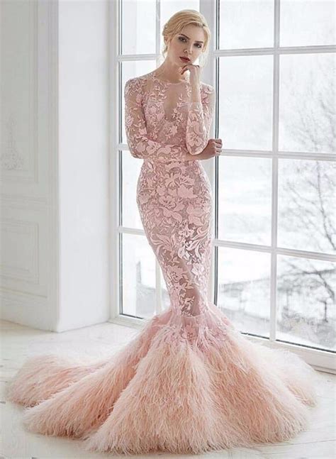 2017 Fashion Pink Lace Mermaid Evening Dress High Quality Feathers O