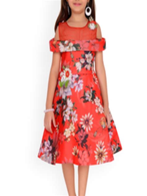 Buy Adiva Girls Coral Red Printed Fit And Flare Dress Dresses For