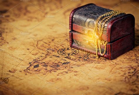 Treasure Chest On Old Map Featuring Map Chest And Burned High