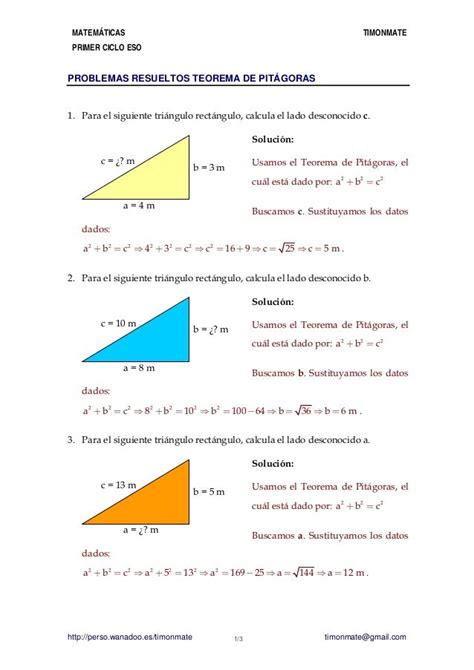 Ejercicios Teorema De Pitagoras 1 Eso Embarq Andino