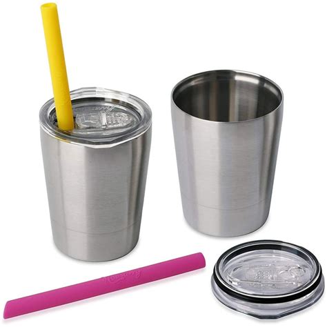 2 Pack Kids Stainless Steel Cups With Lids And Straws Double Wall