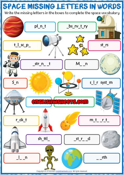 Space Vocabulary Esl Missing Letters In Words Exercise Worksheet