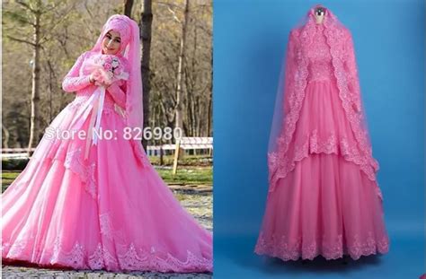 Pink Long Sleeve Islam Muslim Wedding Dresses Turkey Gelinlik With