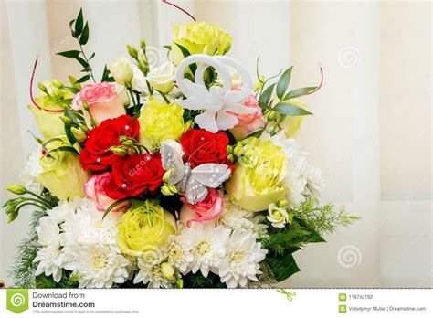 Wedding Bouquet Of Multicolored Roses And Chamomile Flowers For Stock