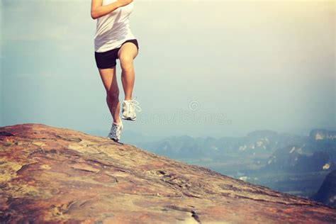 Young Asian Woman Hiker Running On Mountain Peak Stock Photo Image Of