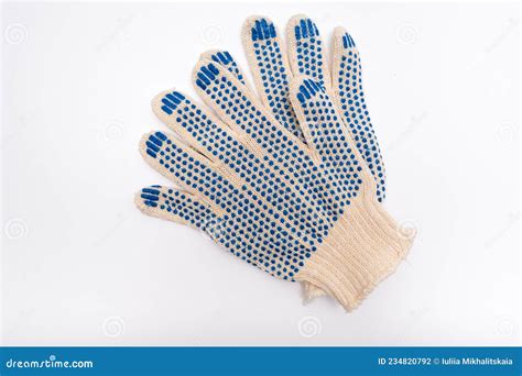 Construction Worker Protective Knitted Dotted Gloves On White