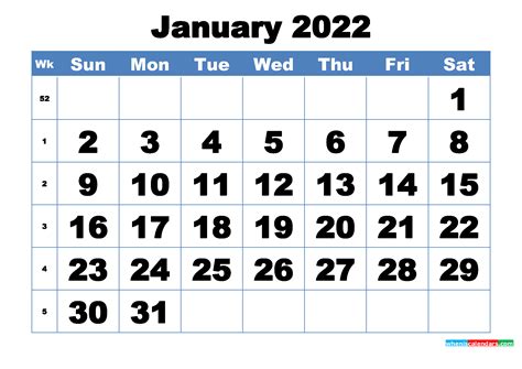 Free Printable January 2022 Calendar Template Word Pdf